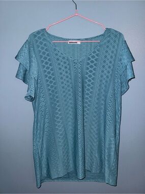 Teal Lace-Pattern Flutter Sleeve Blouse